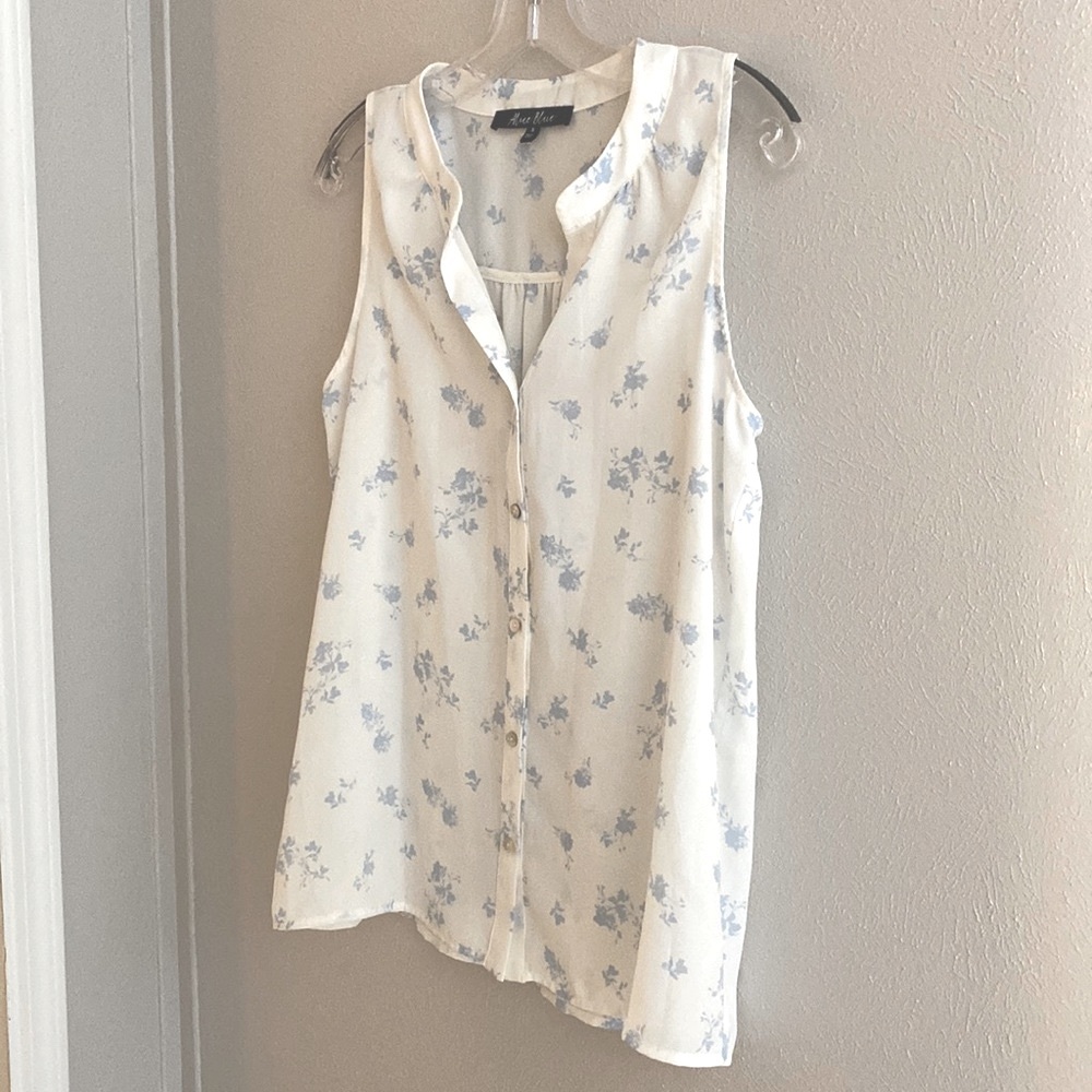 Cool romantic blouse. White w/blue flowers. Button down.